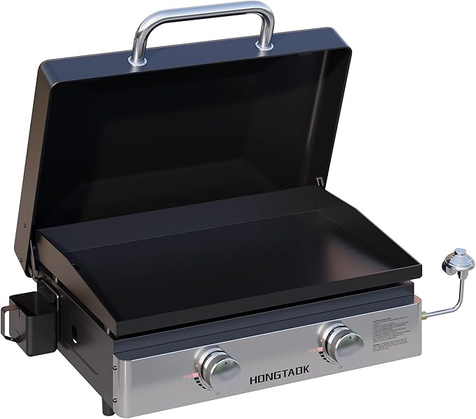 23 Inch Portable Propane Gas Griddle with Non-stick Ceramic Coated Baking Pan and Lid, Outdoor Tabletop 2 Burners Propane Grill for Camping, Barbecue, Tailgating, Cooking