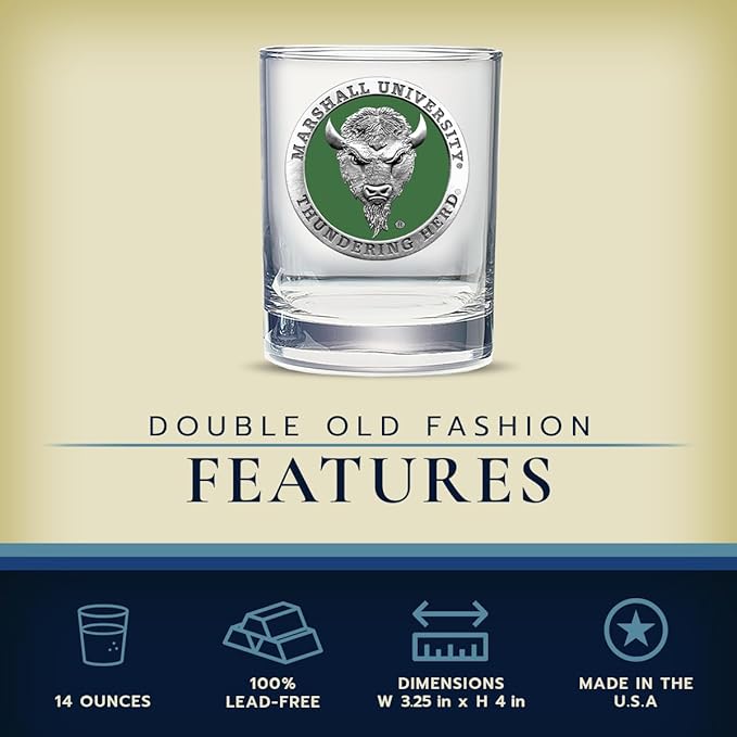 Heritage Pewter Marshall University Thundering Herd Double Old Fashion | Double Rocks Glass 14 OZ for Liquor | Expertly Crafted Pewter Glass