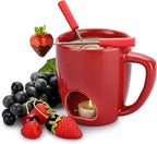BSTKEY 230ML Personal Chocolate Fondue Mug Set, Ceramic Butter Warmer Set, Mini Melt Hot Pot Cup Set for Cheese Chocolate Butter Caramel, with 2 Forks (Red)