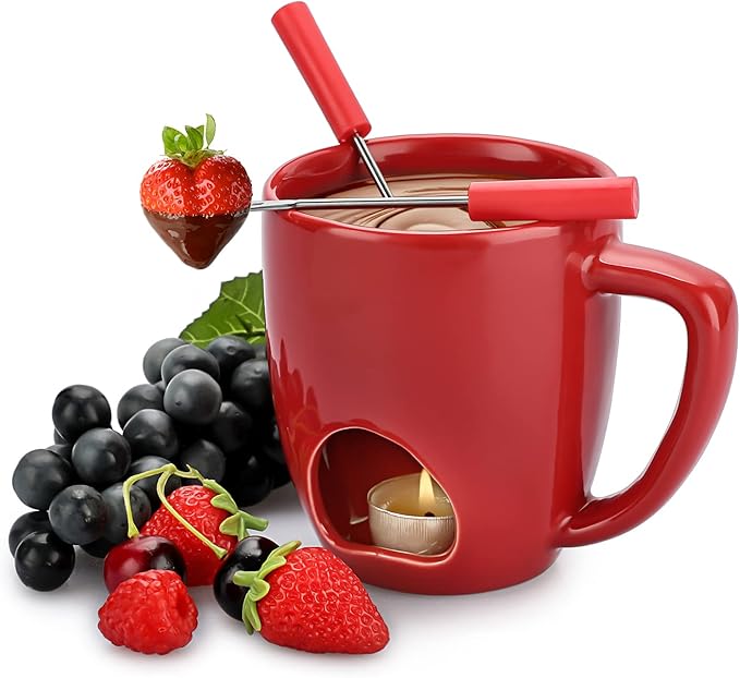 BSTKEY 230ML Personal Chocolate Fondue Mug Set, Ceramic Butter Warmer Set, Mini Melt Hot Pot Cup Set for Cheese Chocolate Butter Caramel, with 2 Forks (Red)
