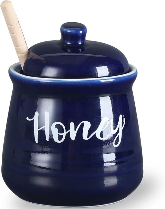 HAOTOP Farmhouse Porcelain Honey Jar with Dipper and Lid Set 12oz,Easy to Clean (Navy)