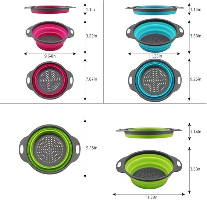 Set of 3 Niklye Ultimate Kitchen Strainers includes 1-10 inch & 2-12 inch. Collapsible Silicone Colanders For Easy Storage - Use with Pasta & Veggies or as a Fruit or Berry Bowl with Strainer., large