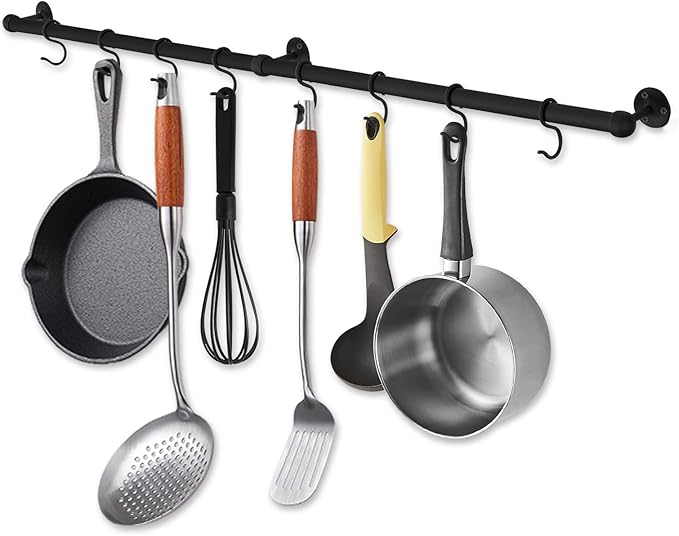 ROTHLEY Hanging Pot Rack Hanger: 39.4 Inch Stainless Steel Pot and Pan Hanger Pot Rack Wall Mounted Hanging Pots and Pans Rack Pot Hangers for Kitchen Utensil Rail with Hooks (Matt Black