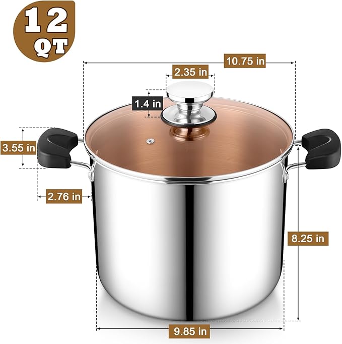 P&P CHEF Stainless Steel 3-Ply Sock Pot with Lid, Stockpot for Cooking Pasta & Stewing Soup, Fits Multi Stoves, Heat-proof Handle & Clear Lid, Heavy Duty & Dishwasher Safe, 12 Quarts