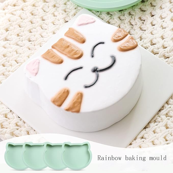 4Pcs Layer Cake Pans Set, 6 Inch Rainbow Cake Baking Pans,Silicone Cake Molds for Pizza Vegetable Pancake Quiche and Resin Crafts (Cat)