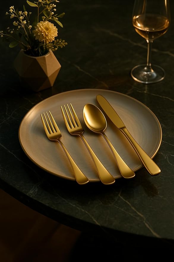 Roberts & Belk 20-Piece Camden Gold Silverware Set – Flatware for 4 – High Mirror Stainless Steel Utensils with Knives, Forks & Spoons