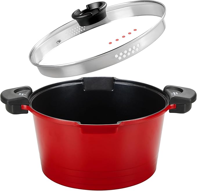 ACTIV CUISINE 8.5qt Pasta Pot with Strainer Lid, Cast Aluminum Stockpot Multipot, Nonstick Ceramic Coating make Cleanup easy with Tempered Glass Lid, Dishwasher Safe, Induction, Red