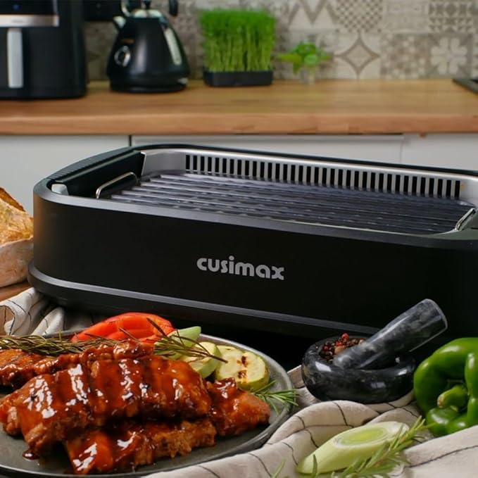 Indoor Grill, CUSIMAX Smokeless Grill Indoor, 1500W Electric Grill Griddle Korean BBQ with LED Smart Display & Tempered Glass Lid, Non-stick Removable Grill Plate & Griddle Plate, Black
