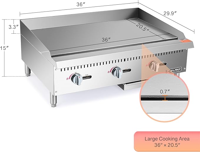 WILPREP Commercial Gas Griddle, 36 in. Gas Countertop Griddle with 3 30000 BTU U-Shaped Burners, NG LPG Compatible Flat Top Grill Hot Plate with Independent Knob Controls for Home Commercial Kitchen
