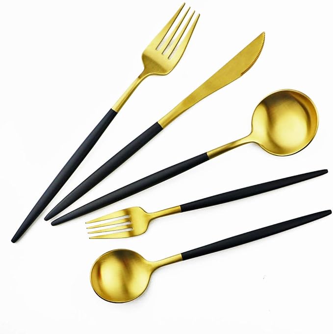 Gugrida Black Gold Flatware, Royal 20 Piece Matte Black Handle 18/10 Stainless Steel Tableware Sets for 4 Including Forks Spoons Knives, Camping Silverware Travel Utensils Set Cutlery (Black Gold)