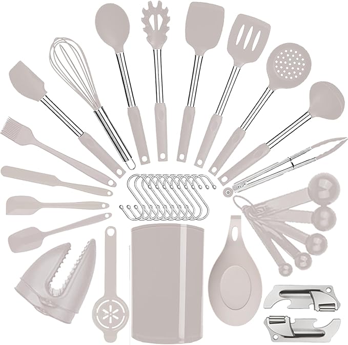 Silicone Kitchen Cooking Utensils Set with Stainless Steel Handle, Spatula Set Utensil Set, Cooking Utensil Set,Kitchen Tools Gadgets for Nonstick Cookware (35, Khaki)