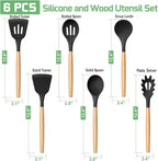 TeamFar Silicone Cooking Utensils Set of 6, Kitchen Utensils with Wooden Handles, Slotted Turner, Soup Ladle, Spoon for Non-stick Cookware, Heat-Proof, Non-Scratch, Black