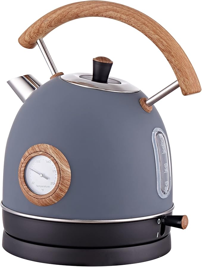 Retro Electric Kettle, 1.7L / 1500W Electric Tea Kettles for Boiling Water, Wood Pattern Handle Blue Stainless Steel Hot Water Boiler with Temperature Display, Auto Shut-off Boil-Dry Protection