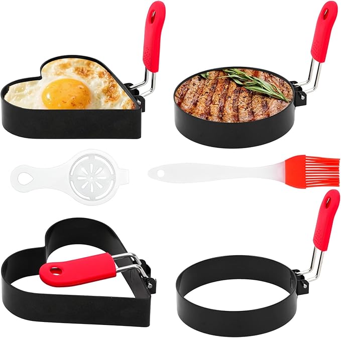 4Pcs Stainless Steel Egg Ring, 3.5 Inch Round Fried Egg Molds with Silicone Handle, Non Stick Omelet Mold with Oil Brush and Separator, Non-stick Pancake Shapers for Cooking Breakfast Sandwich