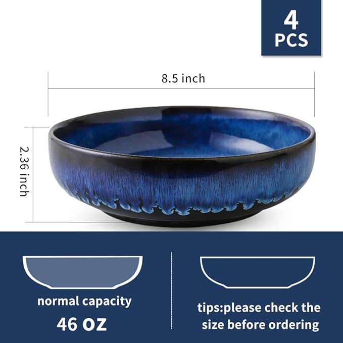 KOOV Ceramic Bowl, 46 OZ Pasta Bowls Set of 4, Large Salad Bowl Set, Dinner Bowls, Stackable Serving Bowls, Reactive Glaze Series (Nebule Blue)