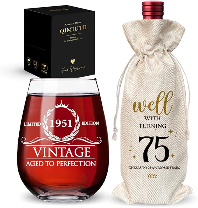 1951 Limited Edition Wine Glass, 75th Birthday Gifts for Women,75th Birthday Aged to Perfection, 75th Birthday Presents for Mom 75th Birthday Party, 1 Pack Reusable Burlap Wine Bag-126