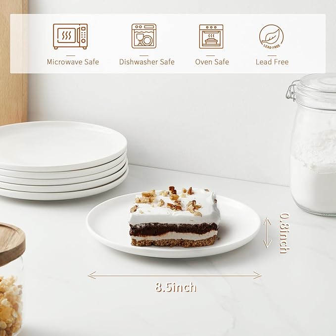 Jassceram 8.5 Inch Small Dinner Plates Set of 6, Ceramic Plates for Salad, Snack, Dessert and Appetizer - Microwave, Oven and Dishwasher Safe, Scratch Resistant and Lead-free, White