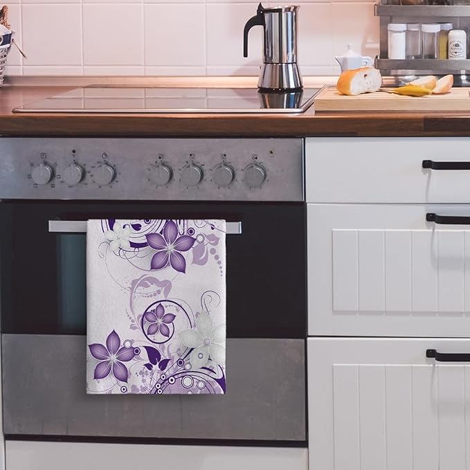 Purple Floral Kitchen Towels with Hanging Loop, Absorbent Dish Towels for Kitchen Cleaning, Cute Tea Towels for Kitchen Cooking Baking Farmhouse Home Decor 16x24 Inch Set of 2