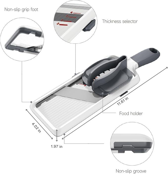 Multi Handheld Mandoline Slicer - Adjustable Stainless Steel Blade, Comfort Grip, Safety Features, Easy to Clean, Ideal for Speedy Slicing of Fruits and Vegetables (Gray)