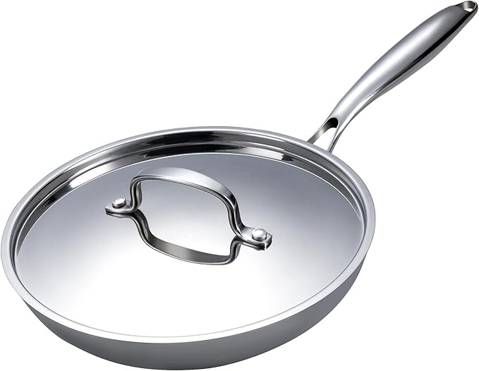 3-Ply Stainless Steel Fry Pan With Lid 10 Inch, Induction Compatible, Oven Broiler Safe 600F, Fast and Even Heat, 10"Frying Pan, Stay-Cool Handle, Dishwasher-Friendly, Compatible with All Cooktops