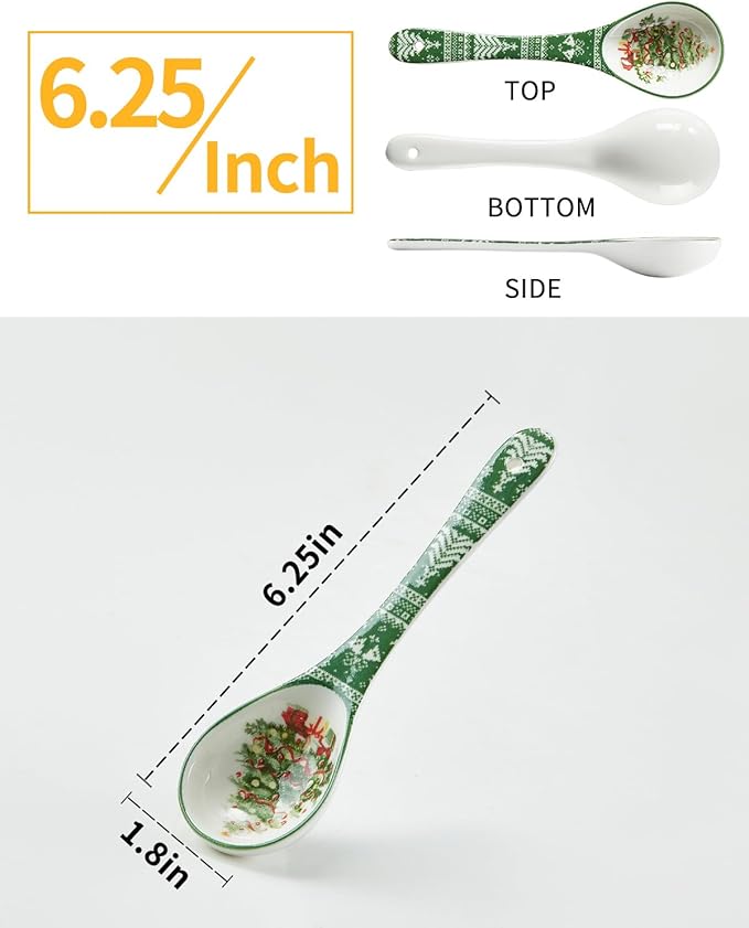Christmas Spoons, Ceramic Small Serving Spoons for Soups, Cereal, Ice Cream, Condiments, Dips, Charcuterie Boards, Dishwasher & Microwave Safe, Watercolor, Set of 6