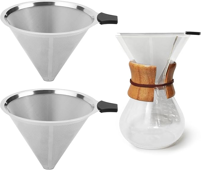 2 Pack Coffee Filters Compatible with Chemex (6, 8, 10 cup) and Hario V60 02 and 03 drippers, Pour Over Coffee Filters- Reusable and Permanent Coffee Cone Dripper