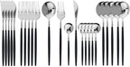 JASHII Flatware Serving Set 24 Piece, Stainless Steel Silverware Set, Titanium Black Silver Cutlery Set, Modern Elegant Tableware Set for Party, Christmas, Dinner (Black Silver)