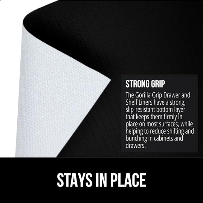 GORILLA GRIP Slip Resistant Drawer and Shelf Liner 2 Pack, Non Adhesive Water Resistant, Easy Clean and Trim, Smooth Surface Liners for Kitchen Cabinet, Shelves, Drawers Pantry, 17.5 IN x 20 FT, Black