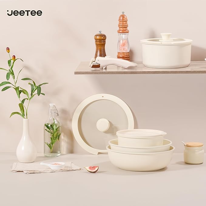 JEETEE Pots and Pans Set Non Stick 19pcs, Kitchen Cookware Sets with Detachable Handle, Induction Nonstick Cookware Set with Removable Handle, Stackable RV Cookware, Oven Safe, PFAS/PFOA Free, Beige