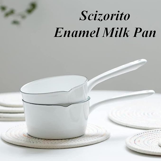 1.2L Enamel Milk Pan, Nonstick Milk Pot with Pour Spouts, Even Heat Conduction, Easy to Cook and Clean, Enamel Pot for Home Kitchen or Restaurant White