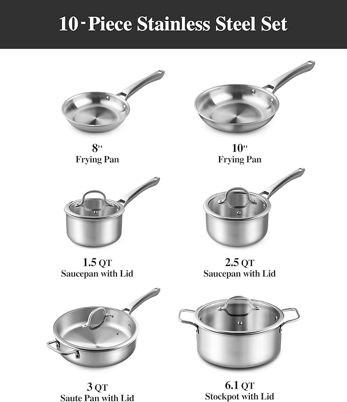 Stainless Steel Cookware Set,Tir-Ply Pots and Pans Set,10 Pcs Stainless Steel Induction Kitchen Cookware Sets,PFOA Free, Frying Pans,Saucepans,Saute Pan & Stock Pot,Compatible with All Cooktops