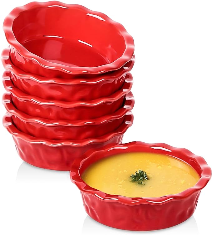 Vicrays Ceramic Pie Pan for Baking - 5.5 inch Small Pie Plates Deep Dish Round Pot Casserole Mini Serving Bowl - Microwave Oven Safe for Dessert Apple Pie Cake Tart Pizza Set of 6 - Red