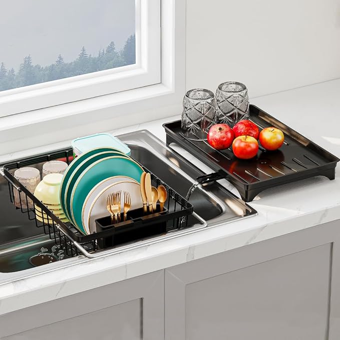 Small Dish Drying Rack in Sink, Expandable Stainless Steel Dish Drainers for Kitchen Counter, with Drain Board & Utensil Holder(Black)