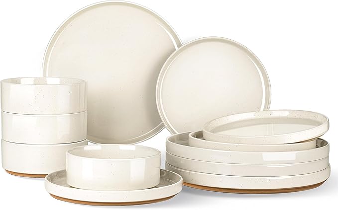 AmorArc Ceramic Dinnerware Set for 4 | Speckled Stoneware Plates and Bowls with unglazed terracotta | Scratch Resistant, Dishwasher & Microwave Safe Dishes Sets- 12-Pcs Beige