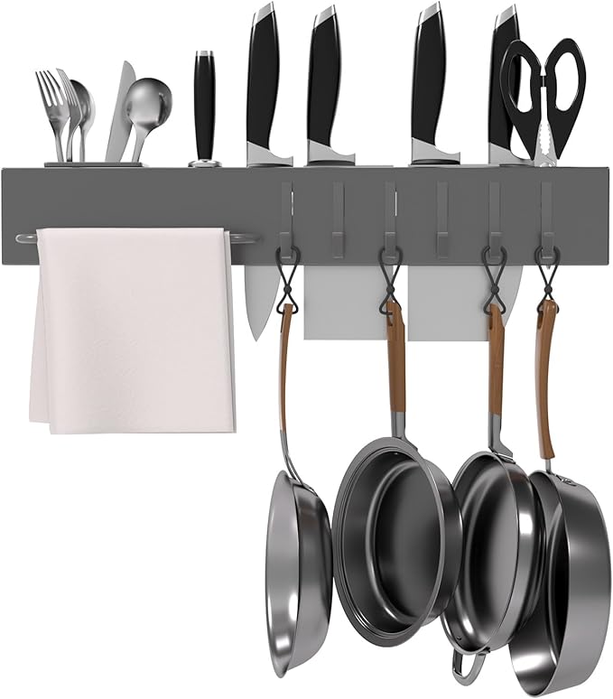 NET MEYA Stainless Steel Pot and Pan Hanger,Wall Mounted Pot Rack Kitchen Hanging Rail With S Hooks,Detachable Pans Hanging Rail Kitchen Lids Utensils Hanger,15.7 Inch Wall Mounted Hanging Pot Rack