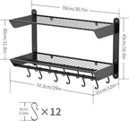 Taozun 30 Inch Pot and Pan Organizer, 2 Tier Heavy Duty Pot Rack Wall Mounted with 12 Hooks, Kitchen Cookware Utensils Hanger Organizers and Storage