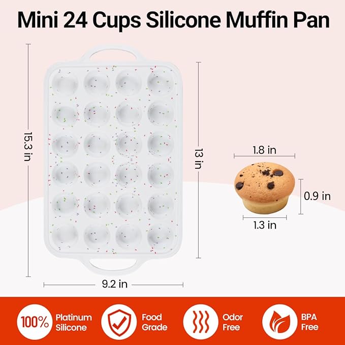Mini Muffin Pan, Metal Reinforced Frame Mini Cupcake Pans 24 Cups Nonstick Muffin Silicone Molds with Handle for Baking Muffins, Cupcakes, Egg Bites 2 Pack
