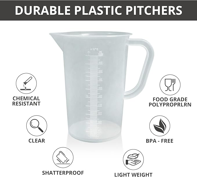 Plastic Graduated Measuring and Mixing Pitcher - 1000ml Plastic Graduated Measuring Pitcher - Large Cylinder Graduated Measuring Container with Handle and Pour Spout - 1 Liter
