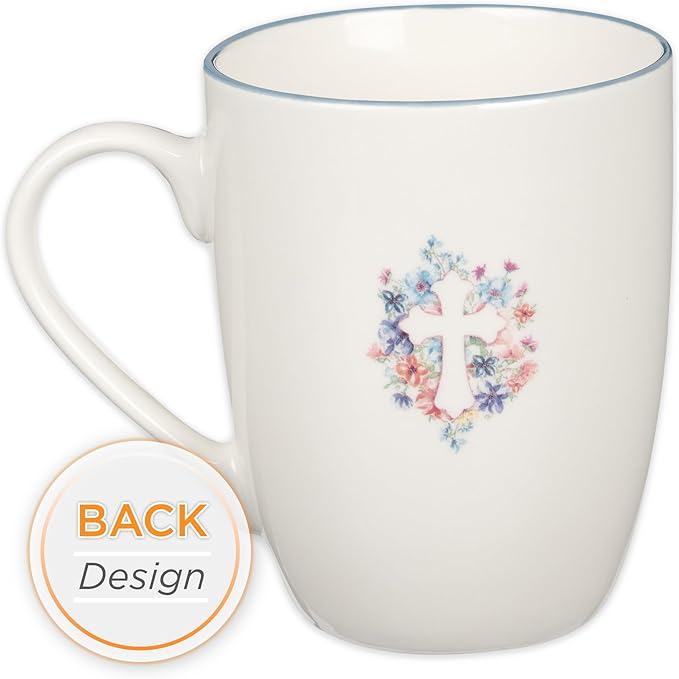 Christian Art Gifts Encouraging Ceramic Coffee & Tea Mug for Women: Pink & Light Blue Floral Cross, Cute Microwave & Dishwasher Safe Cup, Lead-free Clean Inspirational Novelty Drinkware, White, 12 oz.
