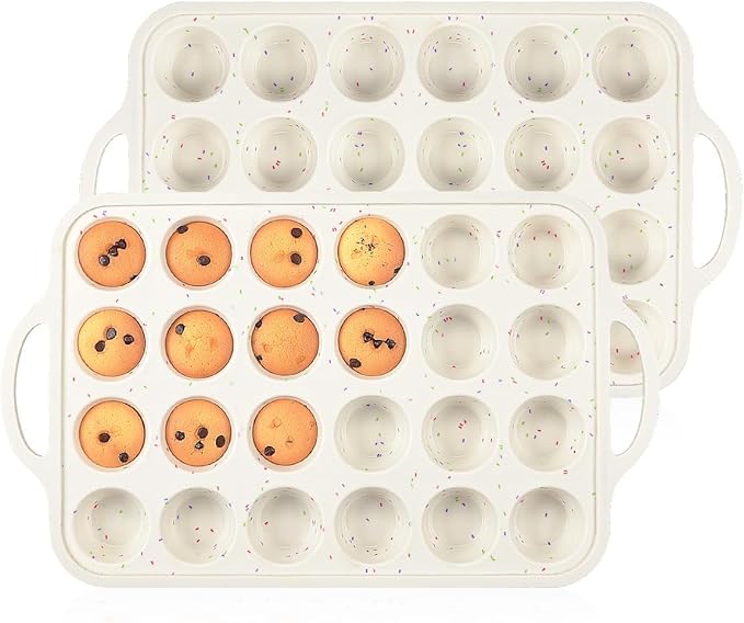 Mini Muffin Pan, Metal Reinforced Frame Mini Cupcake Pans 24 Cups Nonstick Muffin Silicone Molds with Handle for Baking Muffins, Cupcakes, Egg Bites 2 Pack
