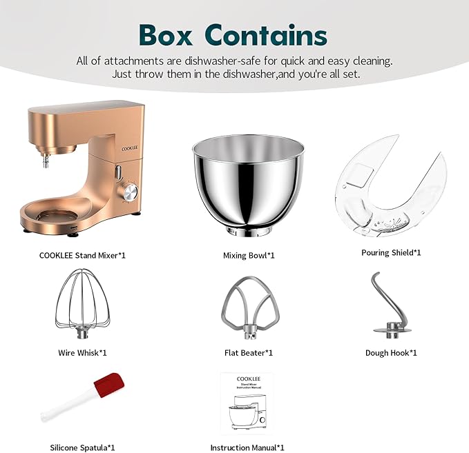 COOKLEE Stand Mixer, 9.5 Qt. 660W Electric Kitchen Mixer with Dishwasher-Safe Dough Hooks, Flat Beaters, Wire Whip & Pouring Shield Attachments for Most Home Cooks, Champagne