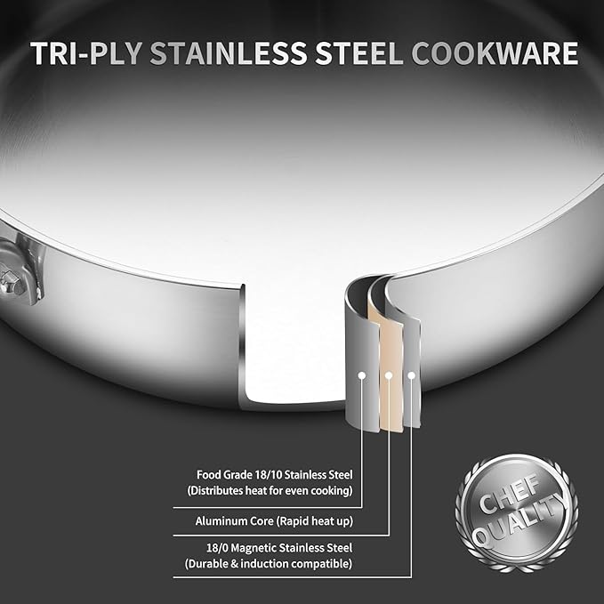 Tri-Ply 18/10 Stainless Steel Paella Pan, 13.5 Inch with Lid | 8-10 Servings, All Cooktop Compatible (Up to 550℉) | Large Stainless Steel Skillet for Outdoor Parties, Family Gatherings & Entertaining