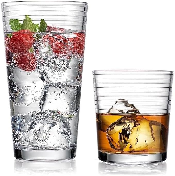 Drinking Glasses - Set of 8 Glass Cups, 4 Highball Glasses (17oz) 4 Rocks Glasses (13oz) Ribbed Glasses for Mixed Drinks, Water, Juice, beer, Wine, Excellent Gift!