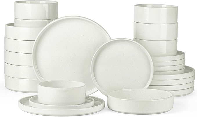 24 Piece Dinnerware Sets with Pasta Bowls for 6, Onader Stoneware Plates and Bowls Dish Sets, Ceramic Speckled Dinner Dishware for Kitchen Dining, Microwave & Dishwasher Safe - Cloud White
