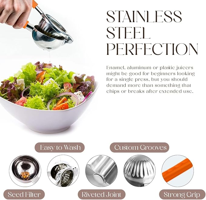 Bellemain Citrus Juicer | Metal Lemon Squeezer | Lime and Lemon Juicer Stainless Steel with Silicone Handles | Manual Juicer, Citrus Squeezer, Hand Held Juicer | Bar Juicer for Bartender (Orange)