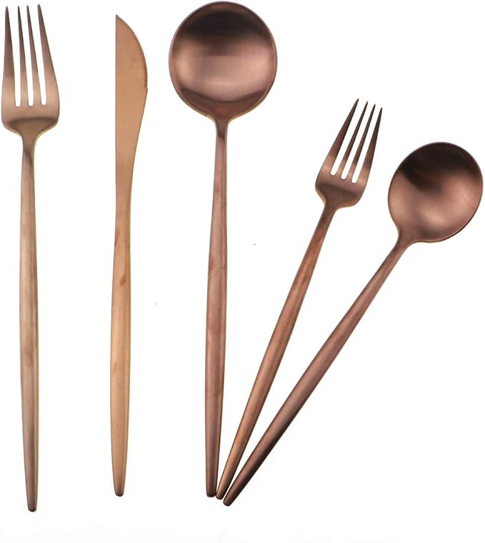 Matte Rose Gold Silverware Set,Gugrida 5-Piece 18/10 Stainless Steel Satin Finish Flatware Set,Kitchen Utensil Set,Tableware Travel Cutlery Set for Camping Office or School Lunch, Dishwasher Safe
