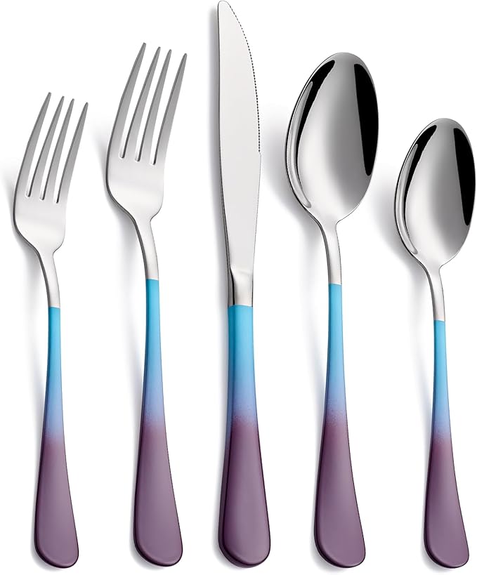20-Pieces Color Silverware Set for 4,Blue and Purple Handle Stainless Steel Cutlery Set, Include Forks Spoons and Knives Set, Dishwasher Safe Utensil Sets for Home Restaurant