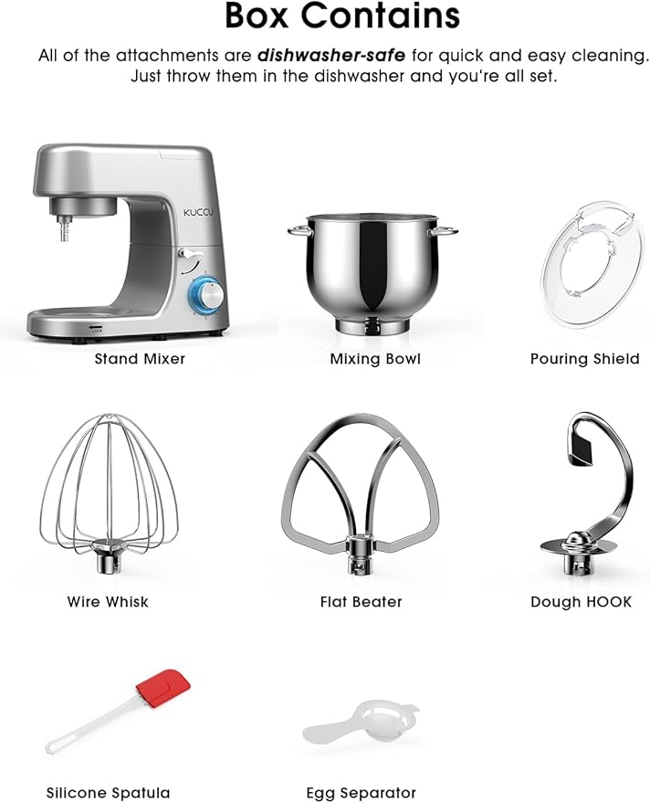 9.5 QT Double Handle KUCCU Stand Mixer, 6 Speed with Pulse Electric Kitchen Mixer, 660W Tilt-Head Food Mixer with Dishwasher-Safe Dough Hook, Flat Beater, Whisk, Splash Guard for home baking (Silver)