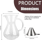 T-mark Pour Over Coffee Maker with Reusable Double-layer Stainless Steel Filter, 800ml/27oz BPA-Free Glass Coffee Carafe, Glass Coffee Maker, Coffee Dripper Brewer