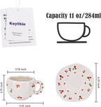 Koythin Ceramic Coffee Mug with Saucer Set, Cute Creative Cherry Bow Cup Unique Irregular Design for Office and Home, 10 oz/300 ml for Latte Tea Milk